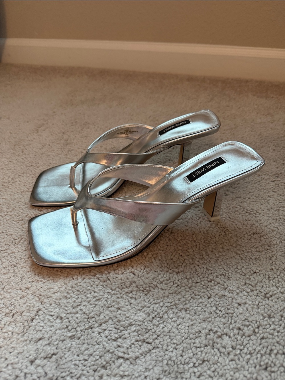 Nine West Metallic Silver Square-Toe Thong Heels